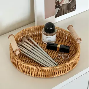 Woven Rattan Baskets Tray Set, Rectangular and Round Baskets with Wooden Handles, Natural - Perfect for Serving Fruit-Produce, Vegetables-Produce, Food, storage, Picnic, and Home Decoration