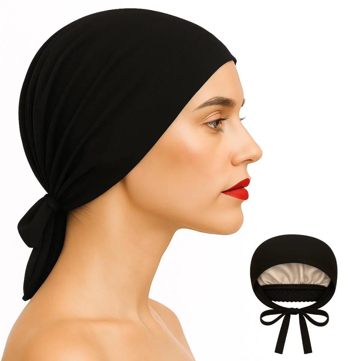 Satin Grip Cap – Black - Non-Slip Hijab Undercap with Silicone Grip & Tie-Back | Breathable & Stretchy | One Size Fits All | Casual  Look Beige Silk