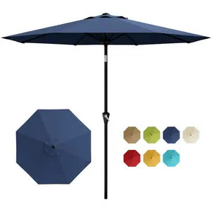 9FT Outdoor Patio Umbrella – UPF 50+ UV Protection, Market Table Parasol with Crank Handle, Push Button Tilt, 8 Sturdy Ribs – Sunshade for Backyard, Garden, Deck – Color: Tan/Blue/Red