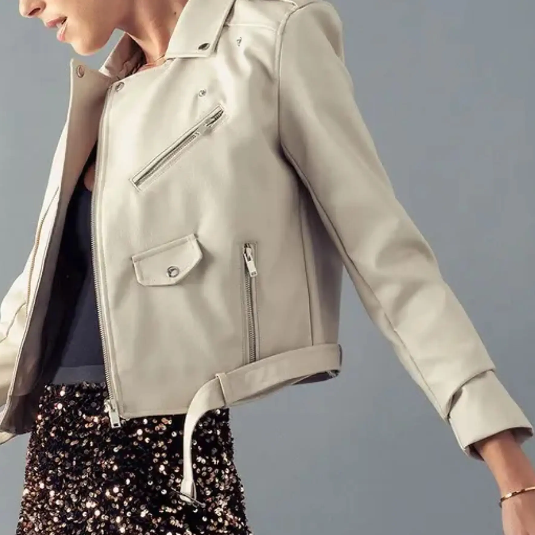 Cream Faux Leather Moto Jacket