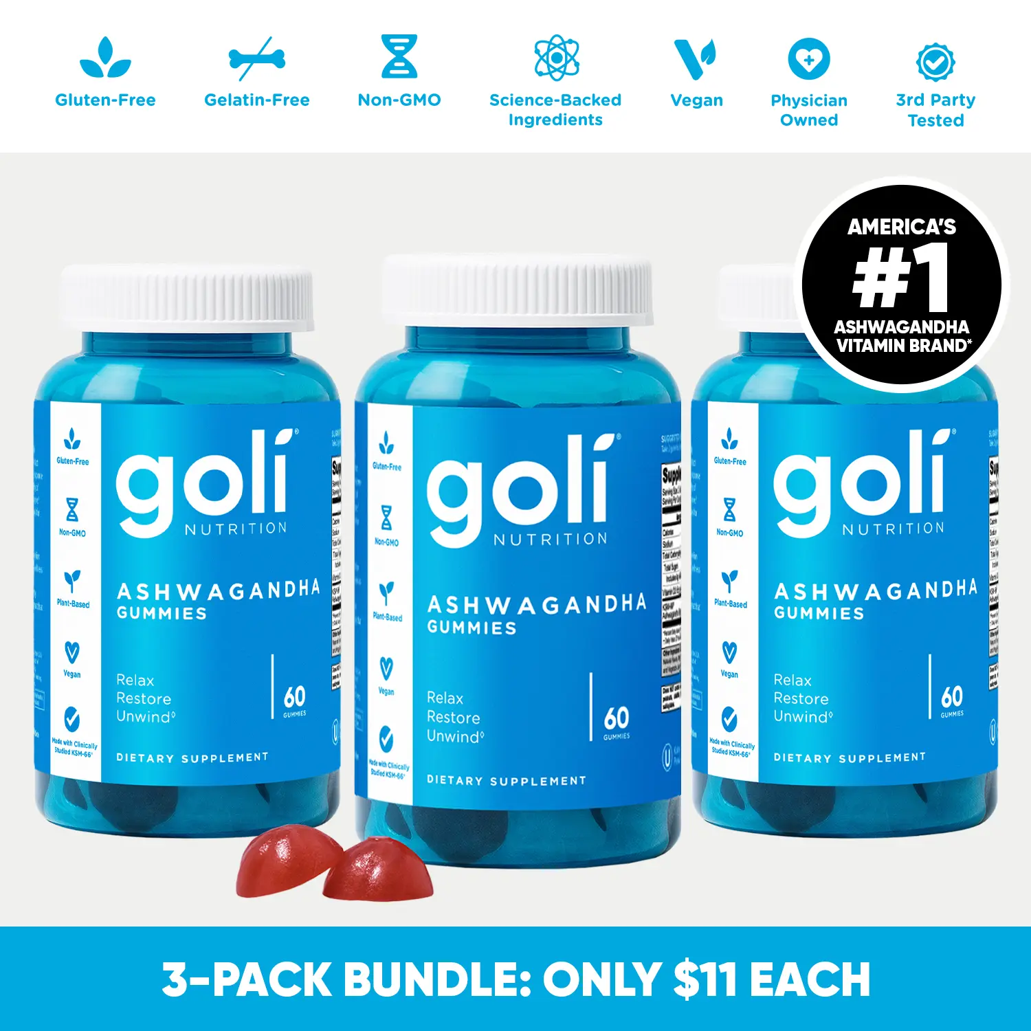 3 Bottles of Goli Ashwagandha & Vitamin D Gummy - Mixed Berry, KSM-66, Vegan, Plant Based, Non-GMO, Gluten & Gelatin Free 3 Bottles of Goli Ashwagandha & Vitamin D Gummy - Mixed Berry, KSM-66, Vegan, Plant Based, Non-GMO, Gluten & Gelatin Free