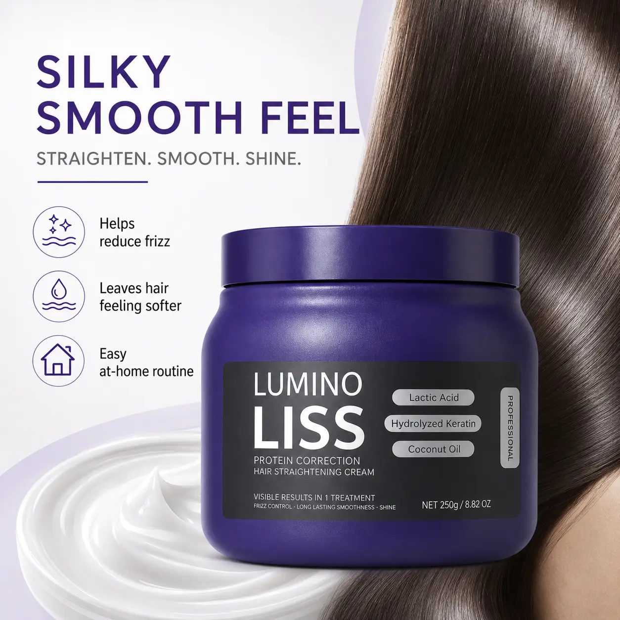 LUMINO LISS Protein Hair Straightening Cream 250g, Smoothing Hair Cream with Hydrolyzed Keratin, Lactic Acid & Coconut Oil, Frizz Control Hair Care Mask for Dry, Damaged & Unruly Hair, Smooth Sleek Finish