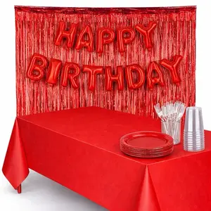 Red Birthday Party Decoration Kit – Foil Fringe Curtain, Happy Birthday Balloons, Table Cover, Plates, Cups & Cutlery Set