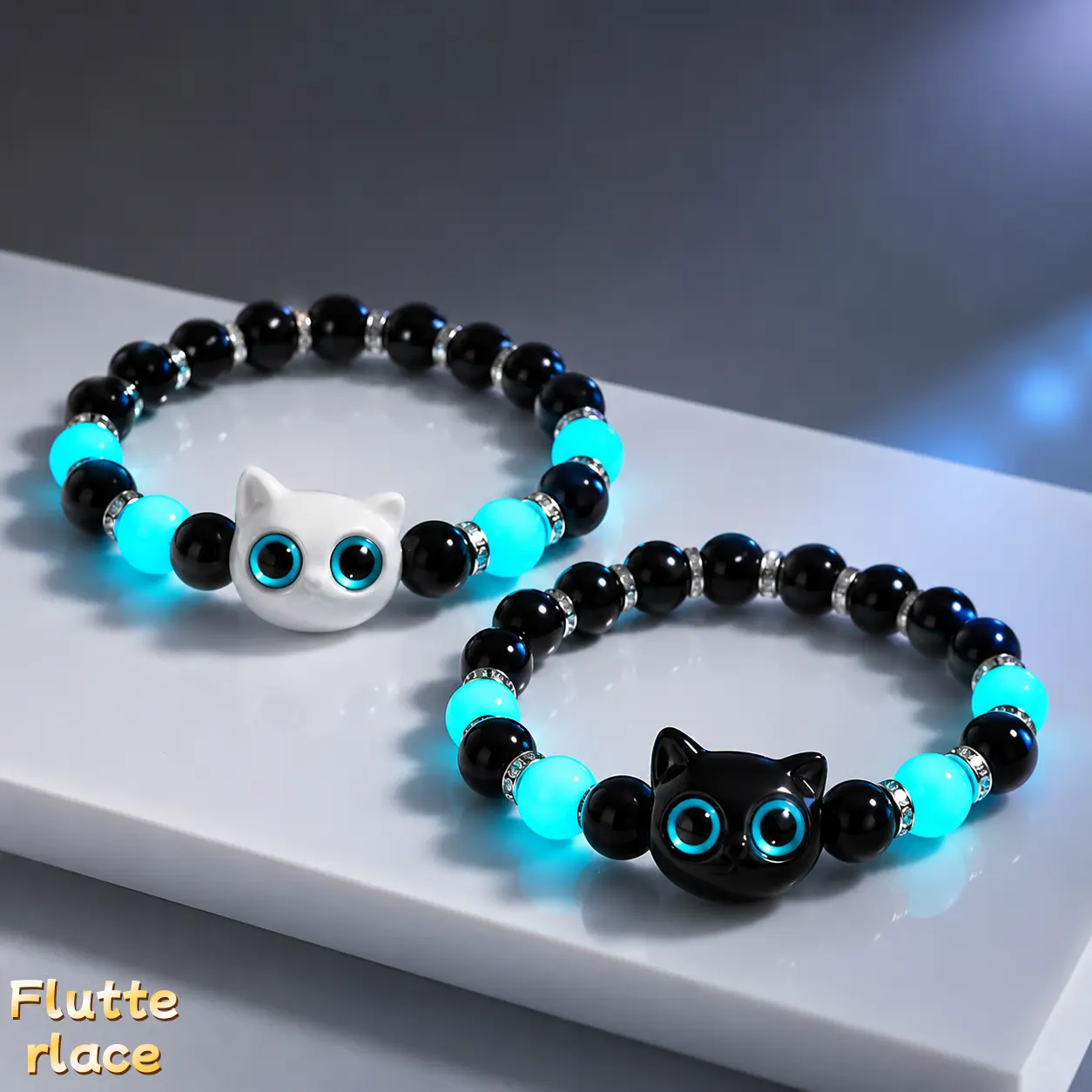 2PCS Glow in the Dark Cat Bracelet Set, Cute Cartoon Beaded Stretch Bracelets for Women & Men, Glitter Rhinestone Mosaic Jewelry, Trendy Y2K Aesthetic Wrist Accessories for Party, Daily Wear & Gift Idea