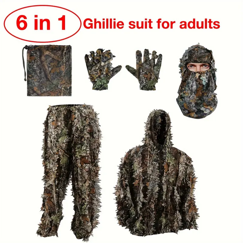 Adult 6-Piece 3D Leaf Woodland Camouflage Ghillie Suit for Outdoor Hunting, Includes Hood, Long Pants, Gloves & Face Mask, Leaf Pattern, 6-Piece Set, Includes Face Mask