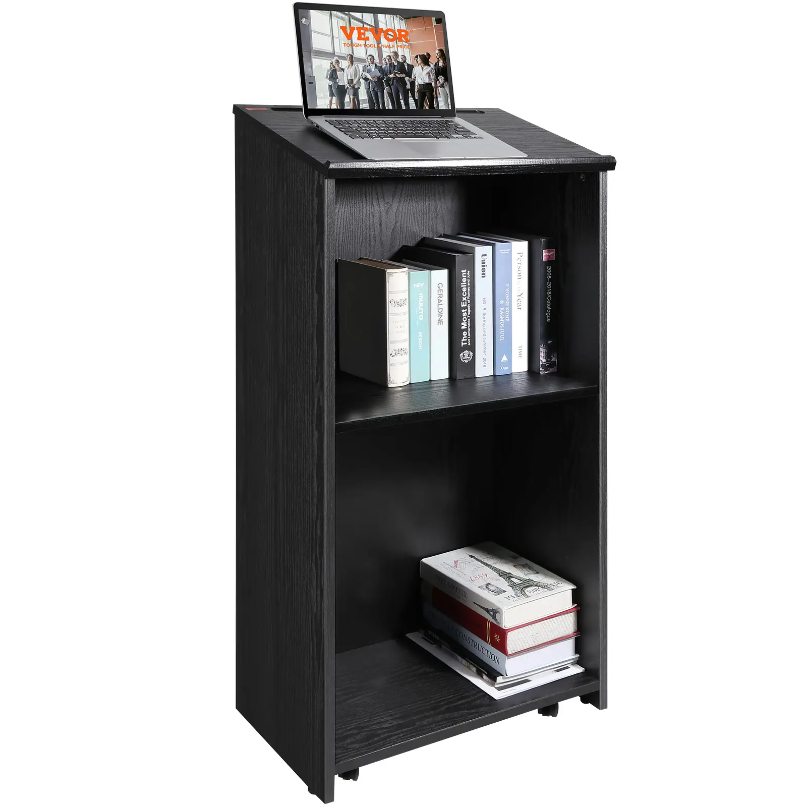 VEVOR Podium Stand,  47 in Hostess Stand with 4 Rolling Wheels, Wood Podium with Storage Shelves, and Slant Desktop, Lecterns & Podiums for Church, Office, School, Home, Black