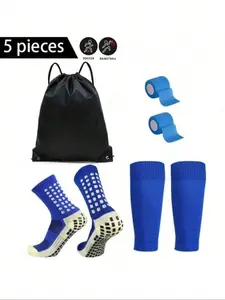 5-Piece Soccer Gear Set, including a waterproof drawstring bag, non-slip soccer socks, shin guards, self-adhesive athletic tape, and youth-sized high leg sleeves for athletic training.