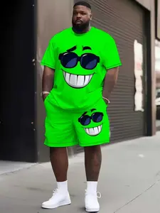 Men's Plus Size Casual Tropical Breathable Cartoon Geometric Graphic Short Sleeve T-Shirt and Shorts Set, Loose-Fitting All Season Clothes