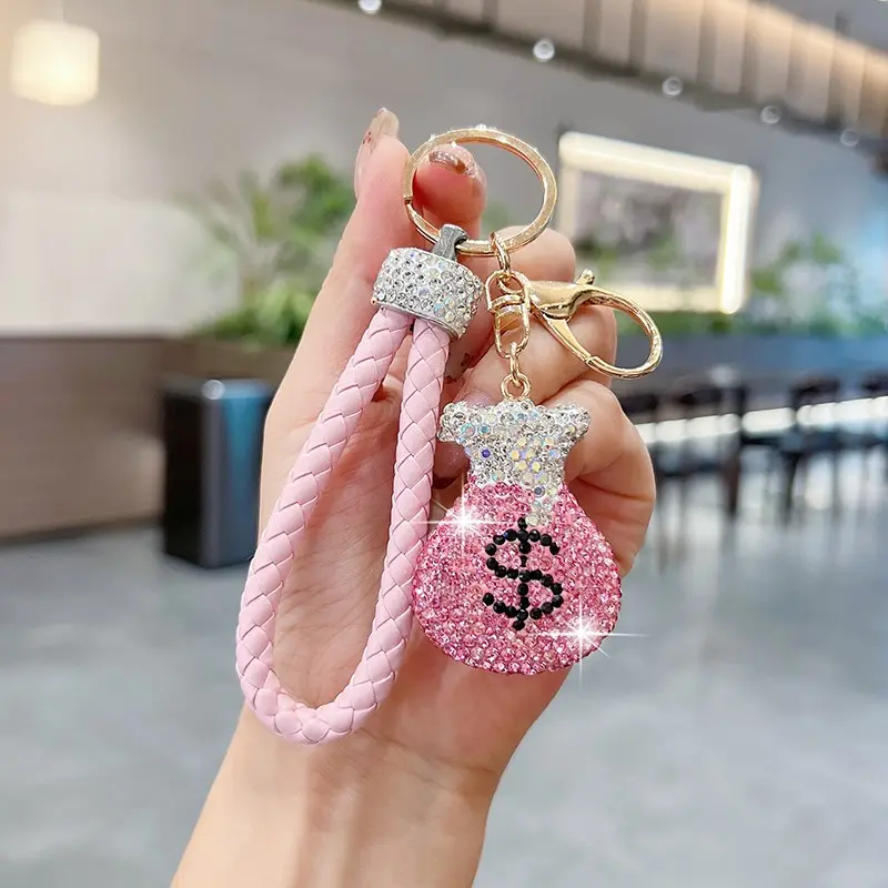 Creative Rhinestone Money Bag Car Keychain, Fashion Dollar Purse Hanging Decoration, Handmade Rope Key Ring Circle, Holiday Gift, Trendy Cute Keychain, Fashionable Alloy Keychain, Car Key Chains, Keychain For Car Keys