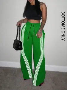 Women's Casual Striped Wide Leg Pants, Drawstring Waist, Colorblock Design, Fitted Long Regular Fit, All Season Wear, Bottoms