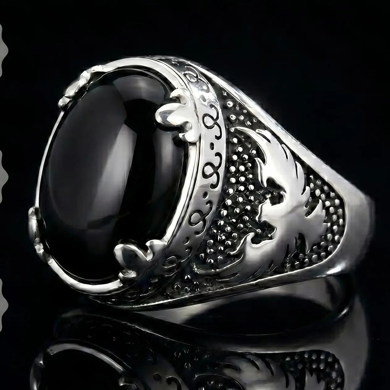S925 Sterling Silver Eagle Men's Ring with Black Synthetic Gems Animal Ring with Eagle Design, Patriot ring,Biker Eagle Hawk Band Ring, Men's Biker Hawk Super Fly Ring,Perfect for Daily Wear, Exquisite and Unique Style Accessory, Black Onyx Luxury,