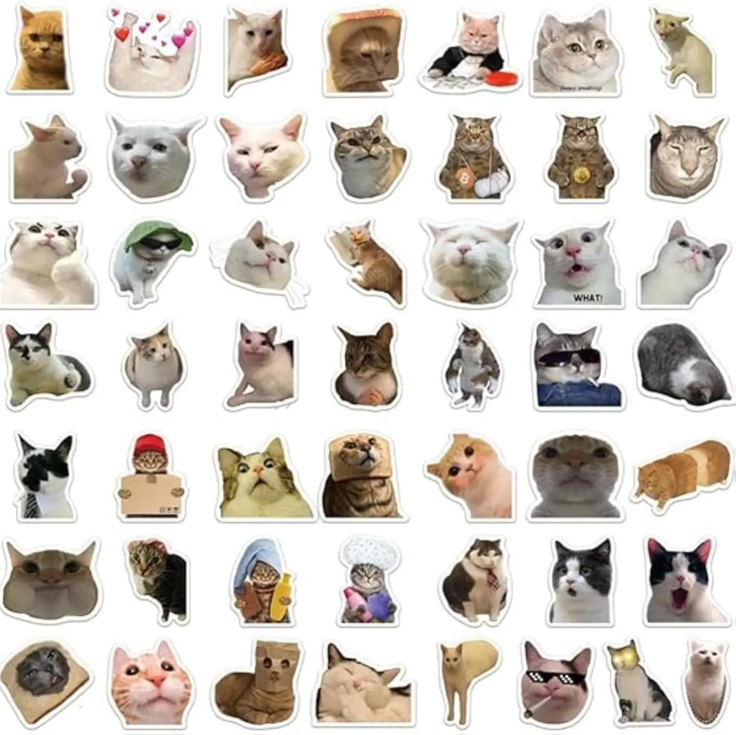50 Pcs Durable Waterproof Vinyl Chibi Cat Meme Stickers - Funny Cute Animal Face Splashproof Art for Smartphone, Cellphone, Handheld Devices, Anti-Wear Mobile Accessory Universal Fit for Laptops, Water Bottles