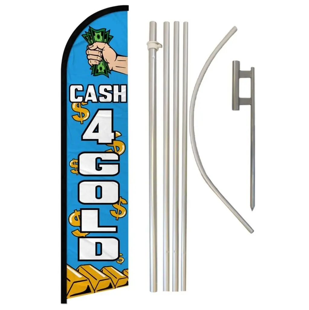 11.5x2.5ft Windless Customizable Cash 4 Gold Banner Flag & Aluminium-Steel Pole Complete Kit, High-Tenacity Polyester Print Outdoor Business Sign with Curved Sleeve, Easy-Install Home Backdrop Supply