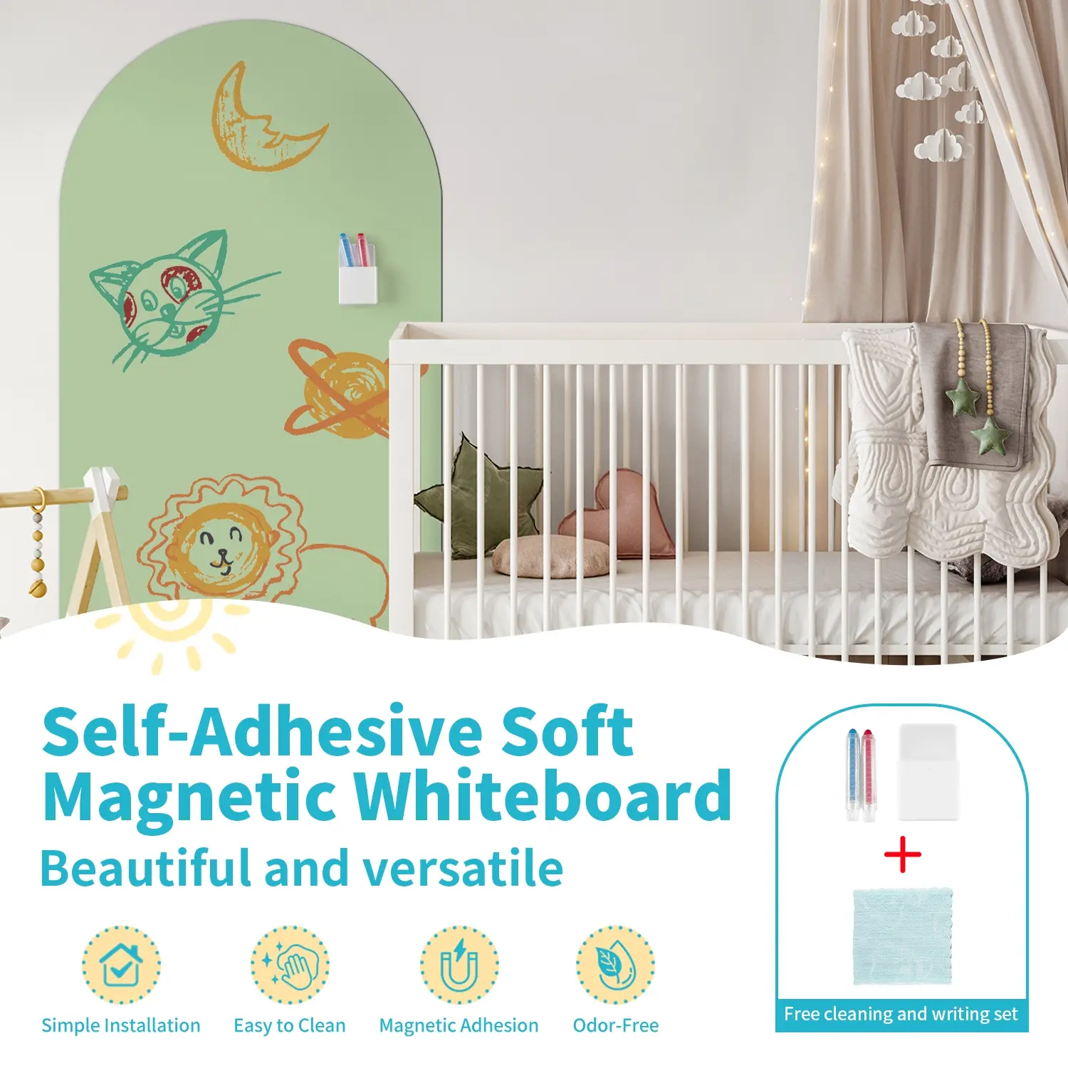Magnetic Whiteboard Paper, Self Adhesive Install, Strong Magnets, Child-Friendly Design, Includes Storage Box & Crayons, Stickers