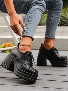 Women's Fashionable Lace Up Platform Shoes, Casual Comfortable Thick Sole Shoes for Daily Wear, Female All-match Trend Shoes for Daily Wear, Girl, Elegant Heeled Shoes