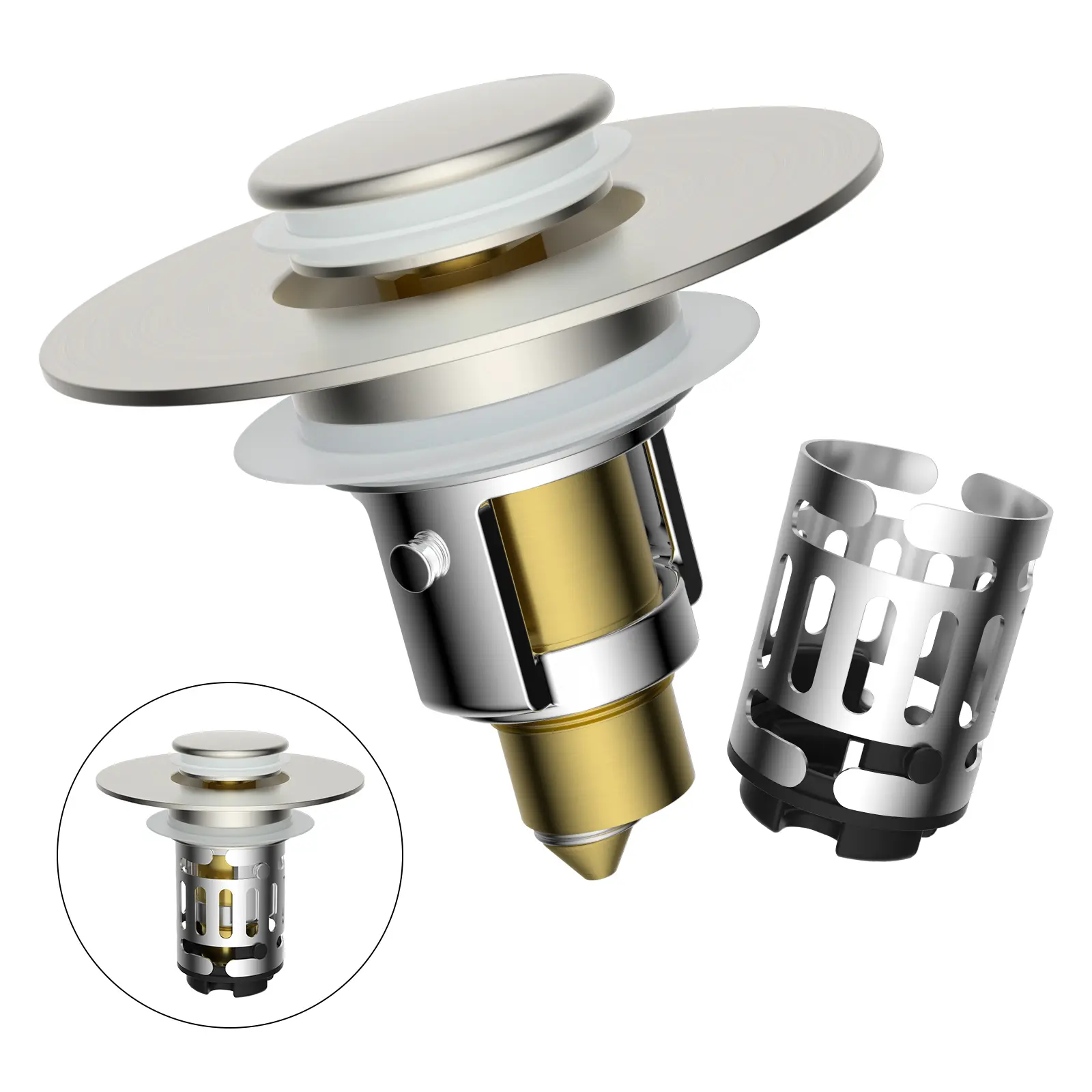 Hibbent Upgraded 3-in-1 Bathroom Sink Drain Strainer, Modern Chrome Bathroom Fixture Accessory - Brass-Core Brushed Nickel Pop-Up Stopper with Removable Filter for 1.1"-2.36" Basins, Clog Prevention & Drain Feature Accessory, Bathroom Accessory
