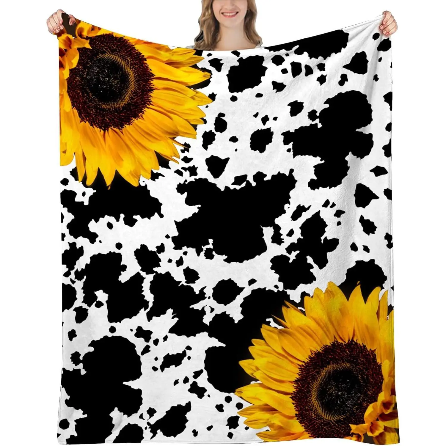 Flannel Blanket | Sunflower Gifts For Women, Cow Sunflower Blanket, Christmas Birthday Gifts For Women Sunflowers, Cow Print Stuff, Sunflowers Throw Blanket, | Gift Blanket / All Season