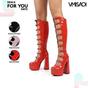 Goth Knee High Boots for Women Round Toe Chunky Block High Heel Buckle Straps Side Zipper Combat Party Punk Rave Concert Trendy Gothic Long Boots Deals For You Days