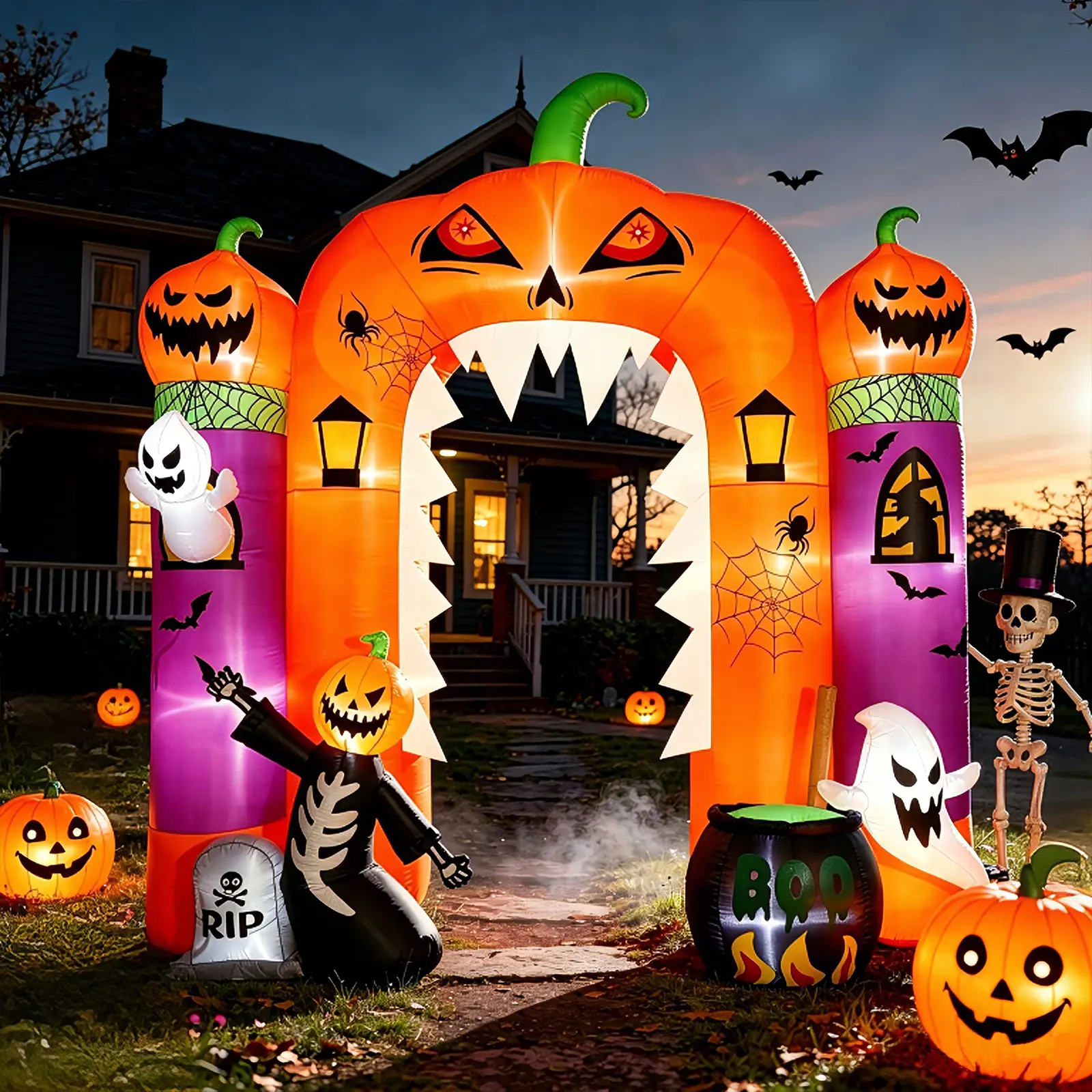 10FT Halloween Inflatable Pumpkin Archway with LED Lights, Ghost & Castle Blow Up Decoration, Outdoor Yard Decor for Lawn, Garden & Trick or Treat Parties