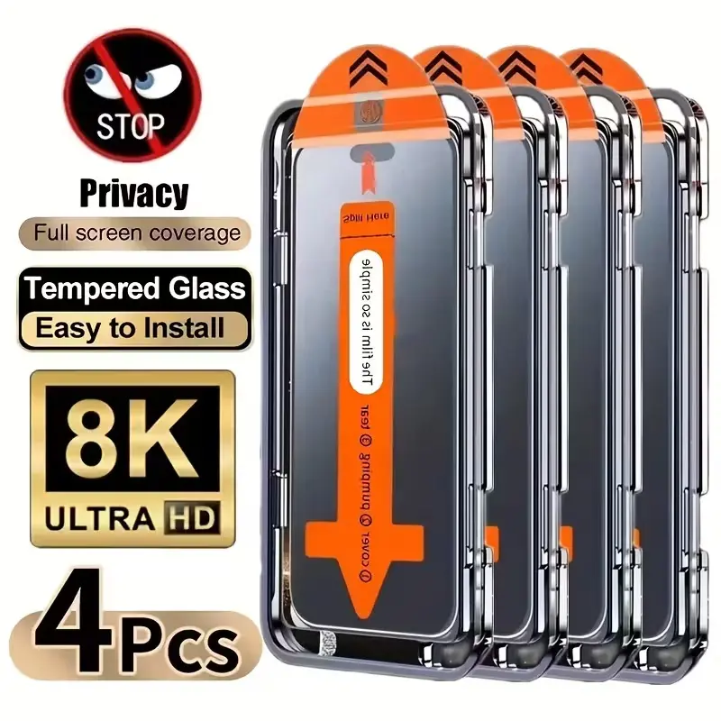 4 Counts Full-Cover Privacy Tempered Glass Screen Protector for iPhone 17 Pro Max, 17 Air, 16 Pro Max, 15 Pro, 16, 15, 14, 13, 12, 11, 16e, Plus, Mini, X, XR and XS Max, 9H Hardness, Ultra HD, Anti-Scratch, Anti-Fingerprint, Anti-Peeping