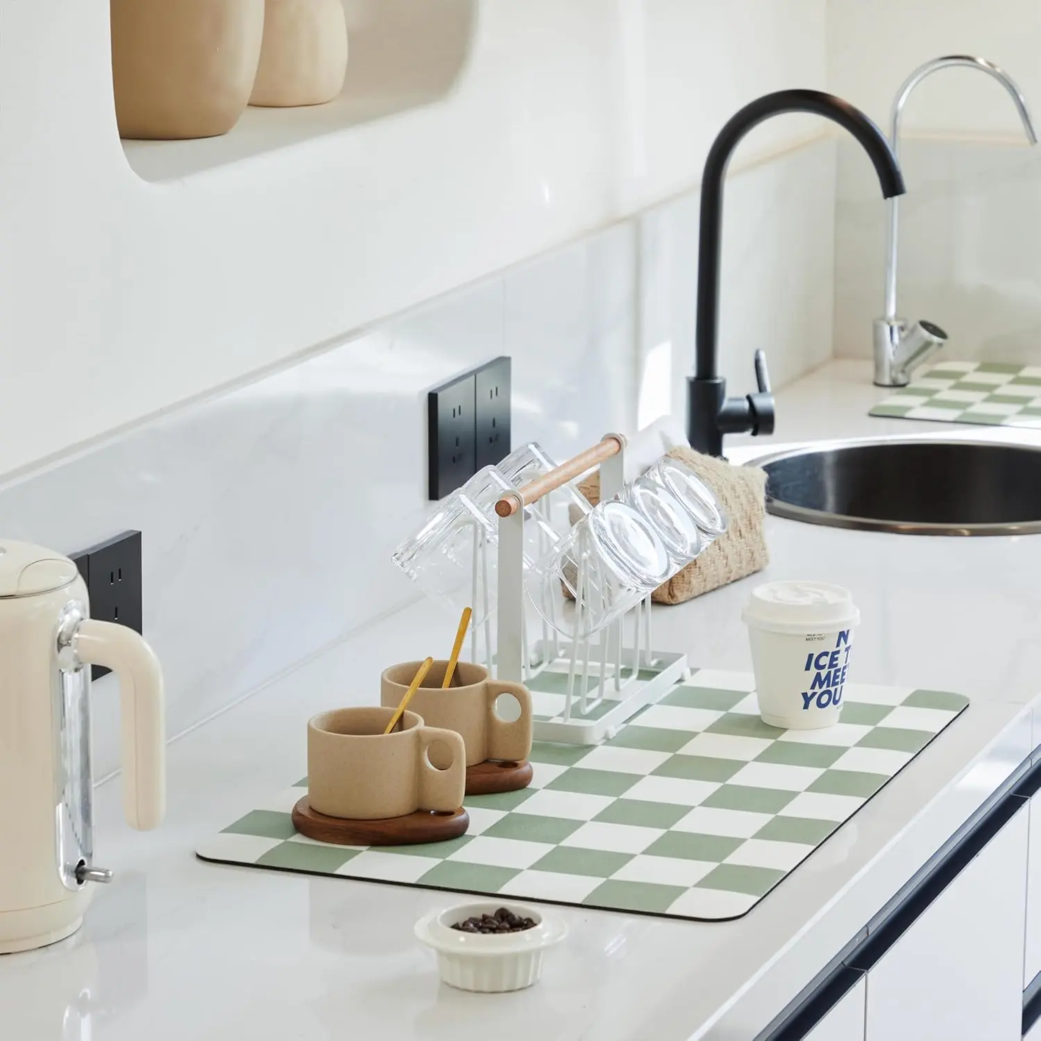 Checkered Dish Drying Mat for Kitchen Counter, Coffee Bar Station Accessories, Retro Cute Aesthetic Modern Absorbent Drainer Mat Kitchen Drying Mat Easy Clean, Sage 12" x 19"