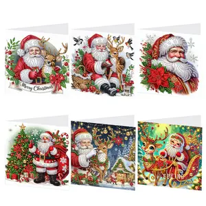 6pcs Diamond Painting Christmas Cards, Santa Theme, Unique Craft Glitter, Perfect for Holiday Wishes & Gifts
