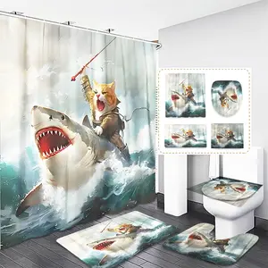 Funny Cat Riding Shark Shower Curtain Set, Polyester Bathroom Curtains with 12 Hooks, Includes Toilet Lid Cover and Mats, Fun Bath Decor, Shower Essentials