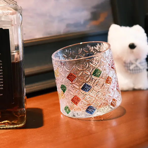 Handmade Hand Painted Rotatable Diamond Dot Tumbler, Colour Spinning Weighted Base Whiskey Glass, Aesthetic Novelty Tilt Cocktail Cup Gift barware gift european elegant minimal luxury crystal tumbler