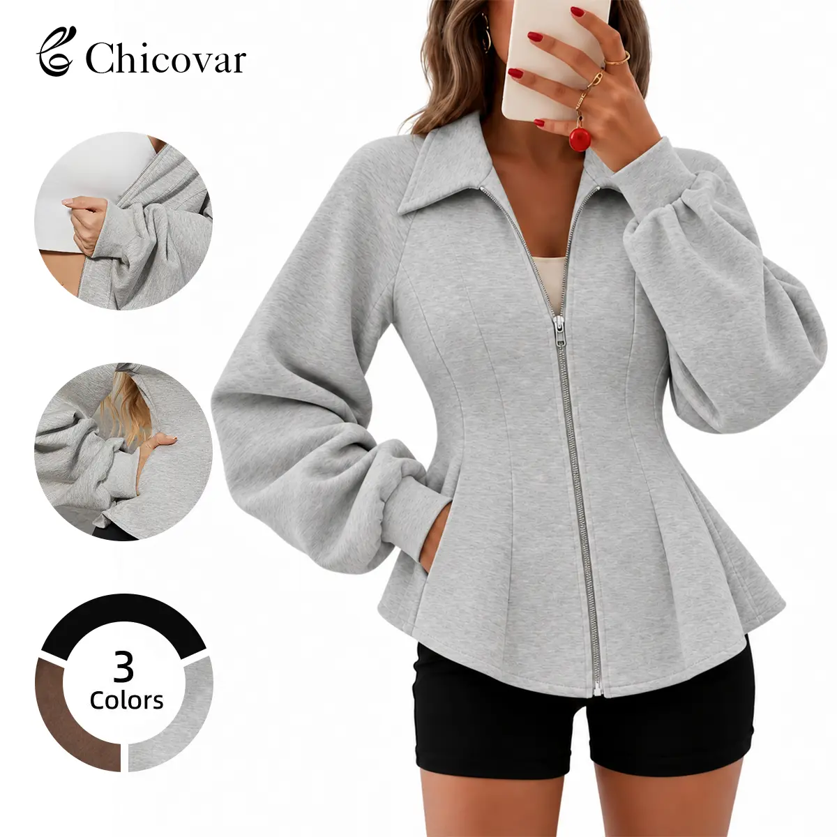 Chicovar Lady's Fitted Zip-Up Jacket - Ruched Sleeves, Side Pockets, Peplum Hem, Stretchy Basic Cardigan, Casual Outerwears Coats for Casual Wear, Office