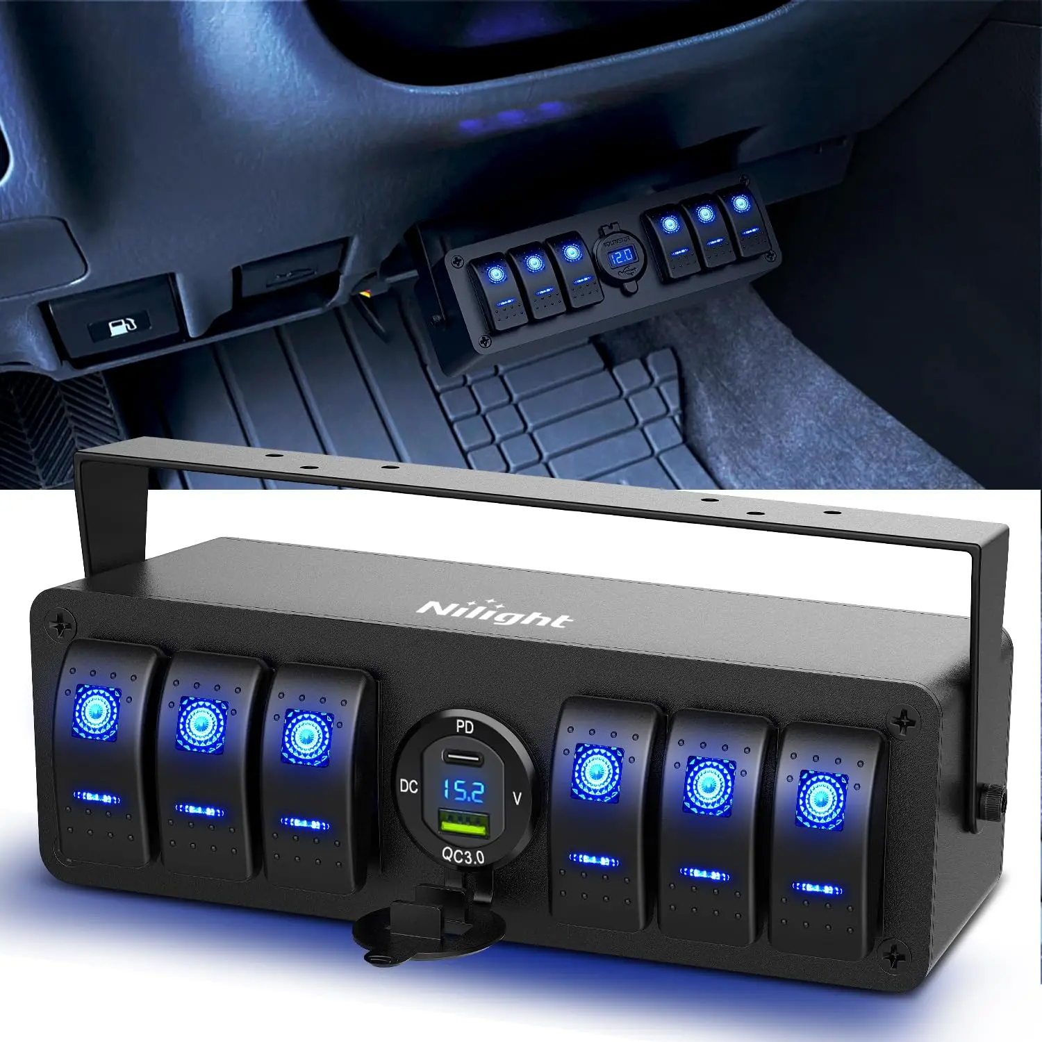 Nilight 6-Gang 12V SPST ON-Off Rocker Switch Panel - Waterproof Aluminum Box with PD Type-C, USB Charger, Voltmeter, Night Glow Stickers for Cars, Boats, LED Lights