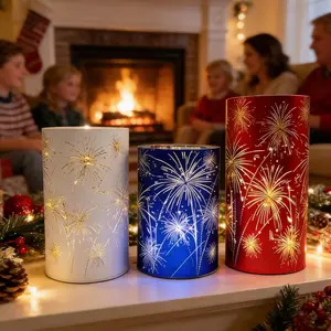 Set of 3 Celebration Hurricanes - Etched Firework Starburst Glass Pedestals with Warm White LED Lights, Twinkling Decorative Centerpiece for Mantel, Dining Table, Wedding & Holiday Décor (Q)