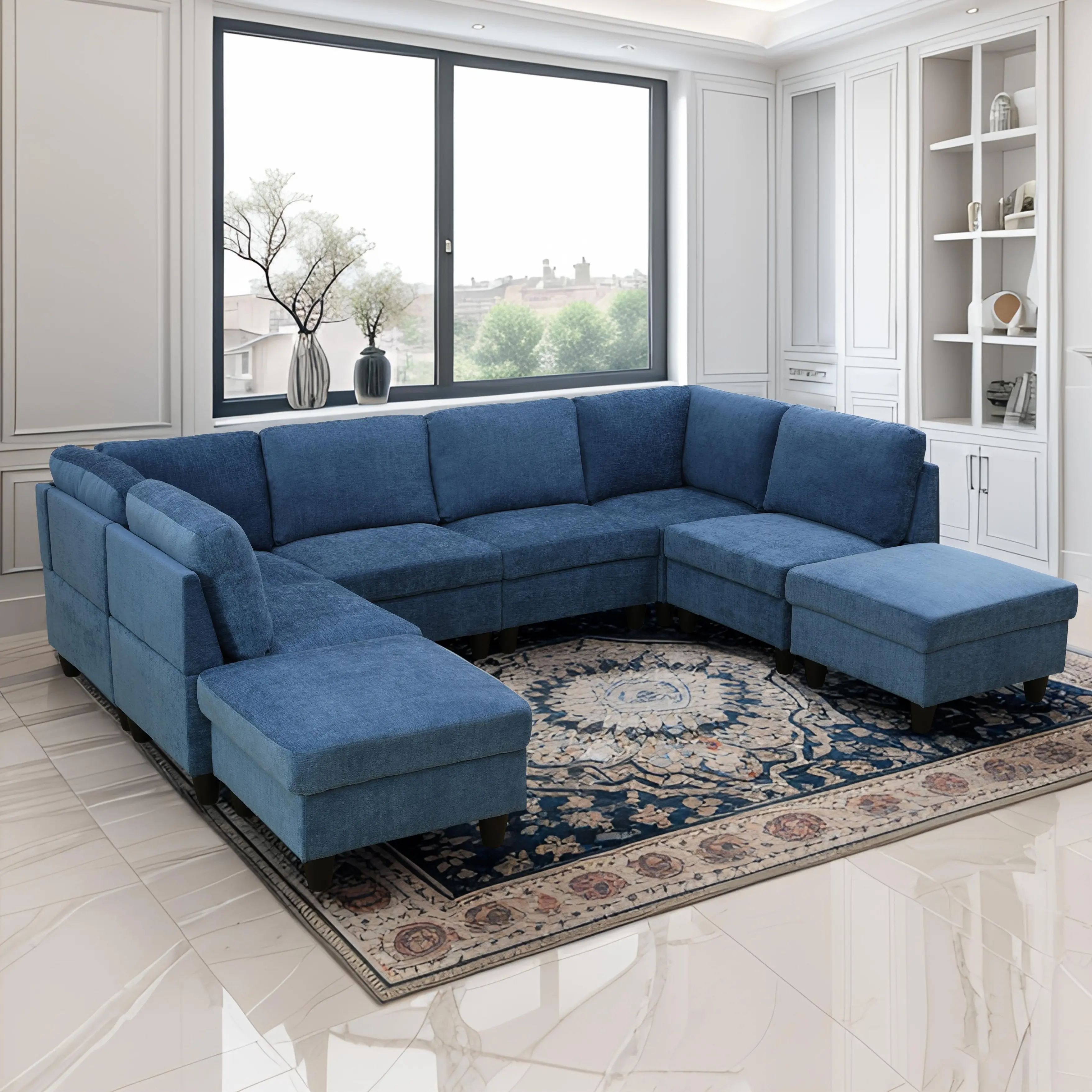 Blue Flannel 8-Piece Modern Sofa Set - Sturdy Solid Frame, Soft Flannel Fabric, Cotton-Upholstered Thick-Cushioned Comfy Couch, Spacious Modern Lounge Furniture for Big Families, Ideal for Villas, Conversation Sofa Set,dorm essentials,home decor