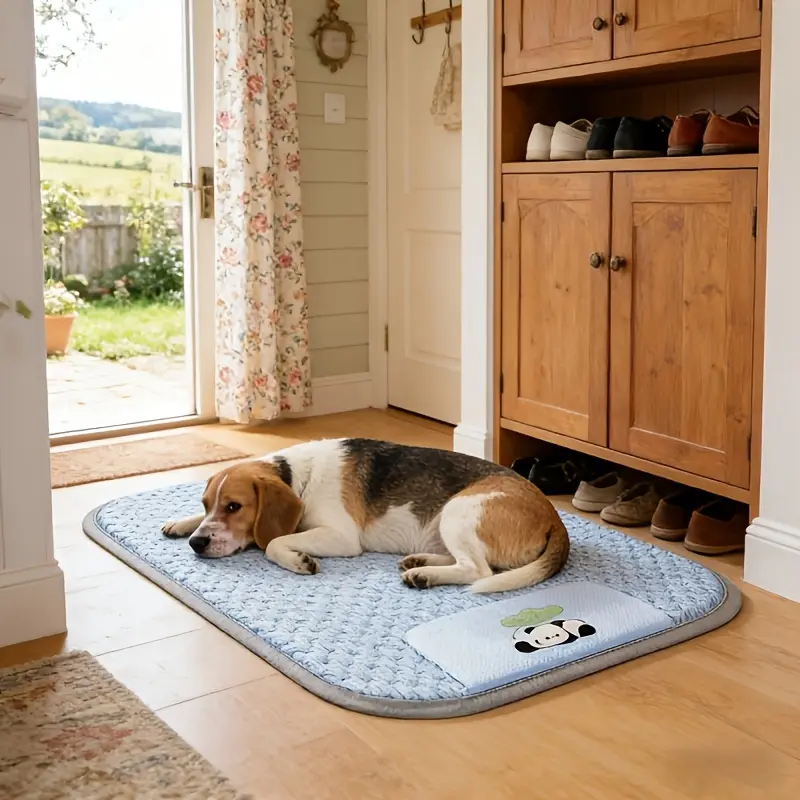 Pet Cooling Mat for Dogs and Cats, Summer Dog Bed Sleeping Pad with Ice-Bean Texture, Gray Edge Binding, Cute Panda Lotus Leaf Design, Lightweight Cat and Dog Mat blanket washable crate