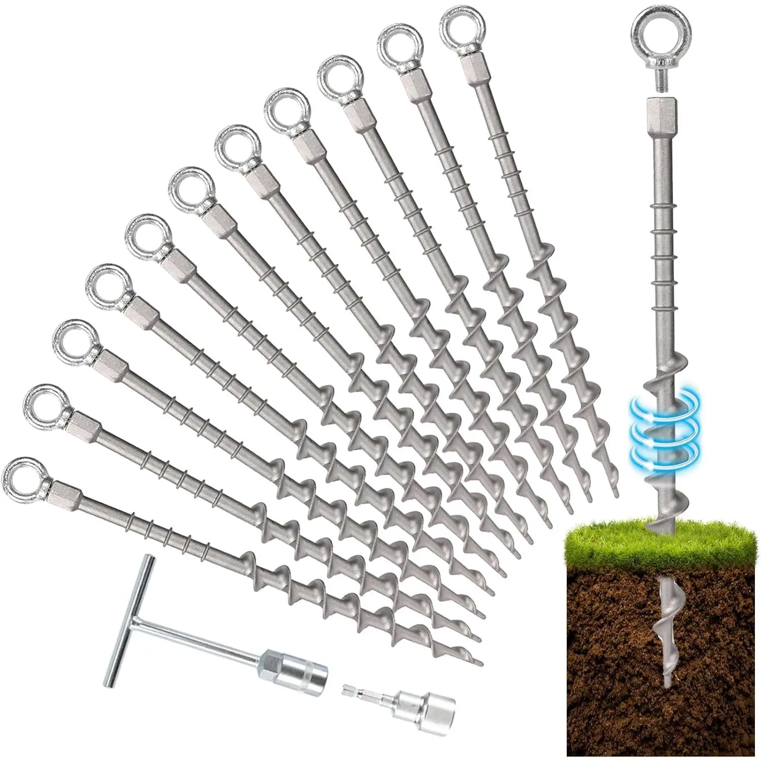 12 count 14" Ground Anchors Screw in Non-Rust Cast  Detachable Tent Stakes for Camping Tents, Sand, Trampoline, Swing Sets and Sheds