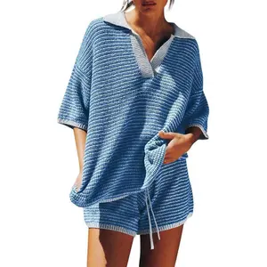Women's Sweater Loungewear Two-Piece Set Large Board Sleeve V-Neck Striped Knit Top High-Waisted Shorts Casual Set