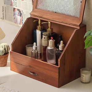 wooden storage box, 1 count multipurpose desktop storage box with drawer, desktop organizer for home living room bedroom kitchen bathroom organizing