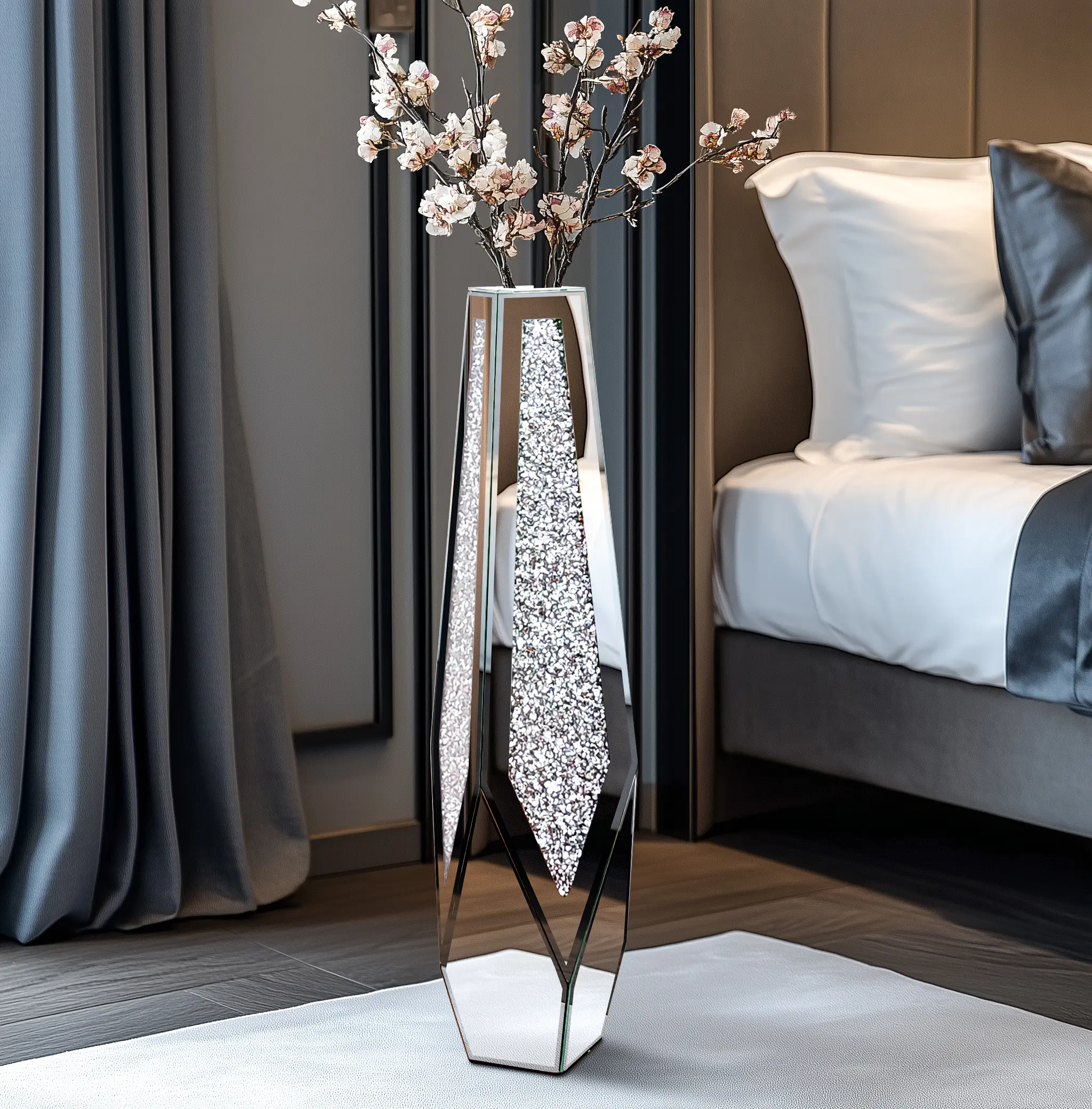 28” Tall Crushed Diamond Mirrored Decorative Floor Vase, Silver Crystal Flower Vase with Floor-Standing Drama, Mirror Depth Effect, Wipes Clean Fast, Flower Vases