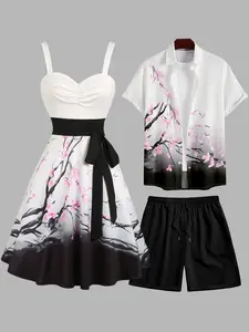 2025 Couple Outfit Women's Sweetheart Neck Plum Blossom Ombre Print Belt Dress and Men's Roll Up Sleeve Shirt Drawstring Beach Shorts Vocation Outfit