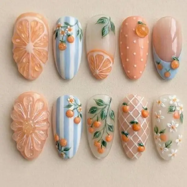 D27 -Peach Citrus Garden Press-On Nails, 3D Orange Slice and Blossom Details with Soft Stripe and Polka Dot Mix, Pastel Orange Blue Nude Palette, Glossy Handmade Nail Set for Fresh Summer Vibes, Gift for Her