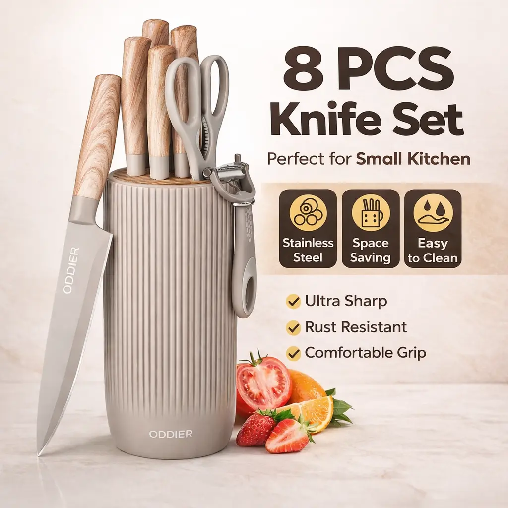 ODDIER 8-Piece Thick High-Carbon Stainless Steel Knives Kitchen Set, Ergonomic Rustproof Dishwasher Safe Compact Space-Saving Knife Block Set for Small Apartments