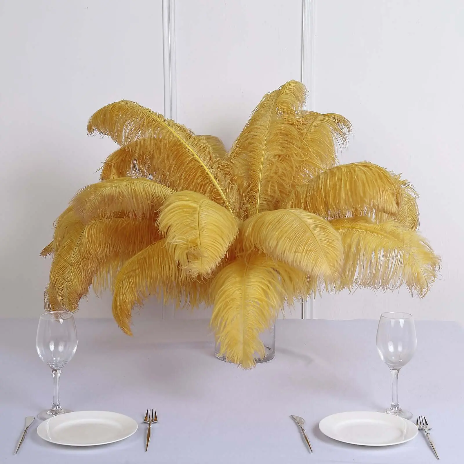 12-Pack Decorative Gold Natural Ostrich Feather Plumes, Bulk Festive Wedding Party Decor Centerpiece Filler - 24"-26" in