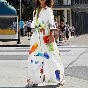 UOOZEE floral print long skirt for women, fashionable lapel and waist cinching slimming loose shirt skirt