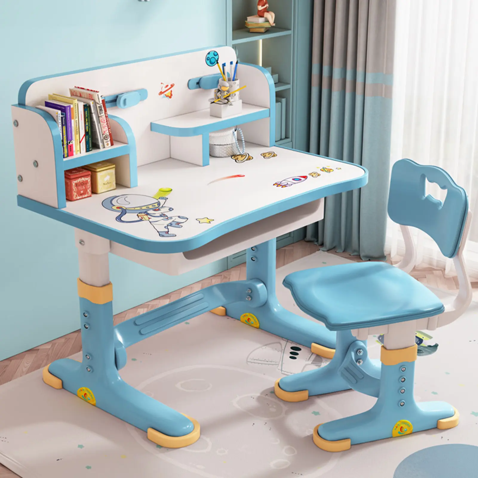 Bodonl Sturdy Ergonomic Kids' Study Desk Chair Set, Adjustable Height Children's Furniture with Widened Desktop, Multi-Separation Design, Cartoon Pattern, Storage Drawer - New Year Gift