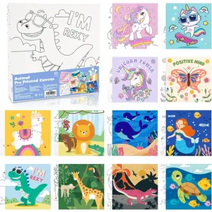 12 Pcs Pre Drawn Canvas to Paint 6x6 Inch, Animal Pre Printed Canvas for Painting for Beginners Students, DIY Paint Art Supplies, Painting Canvas Panels and Sip Kit