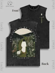 Christian Psalms Shepherd's Back Theme Illustration Pattern Vest, Christian Religious Symbol Cross Vest, The Lord is MY SHEPHERD in Christianity, Faith Symbolism of Being Guided, Protected, and Provided Wearing