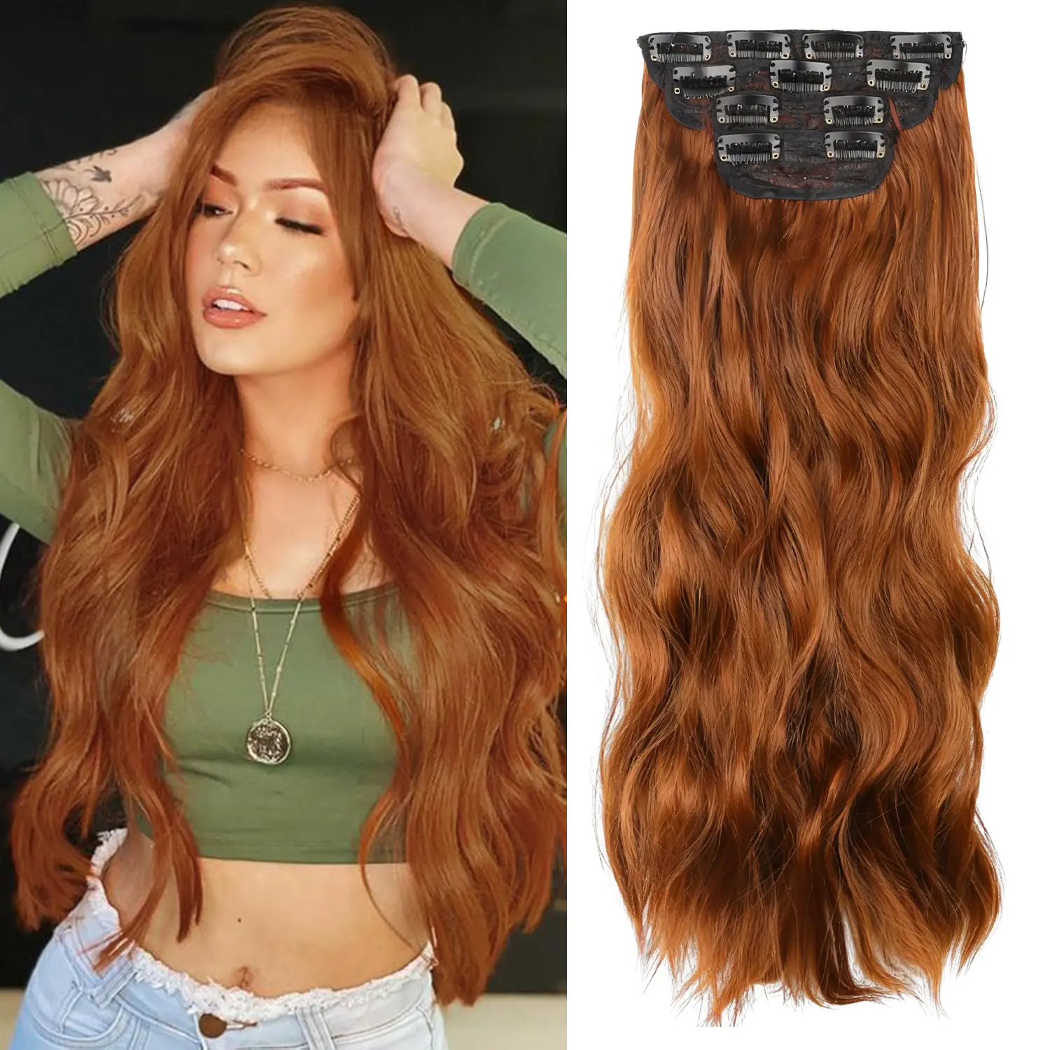 VOSILK Clip-in Hair Extension Pieces, 20-Inch Copper Red Body Wave for Women, 4-Piece Thick Double Weft Heat-Resistant Full Head Set, Colored Hair Extensions, Synthetic Extensions & Pieces