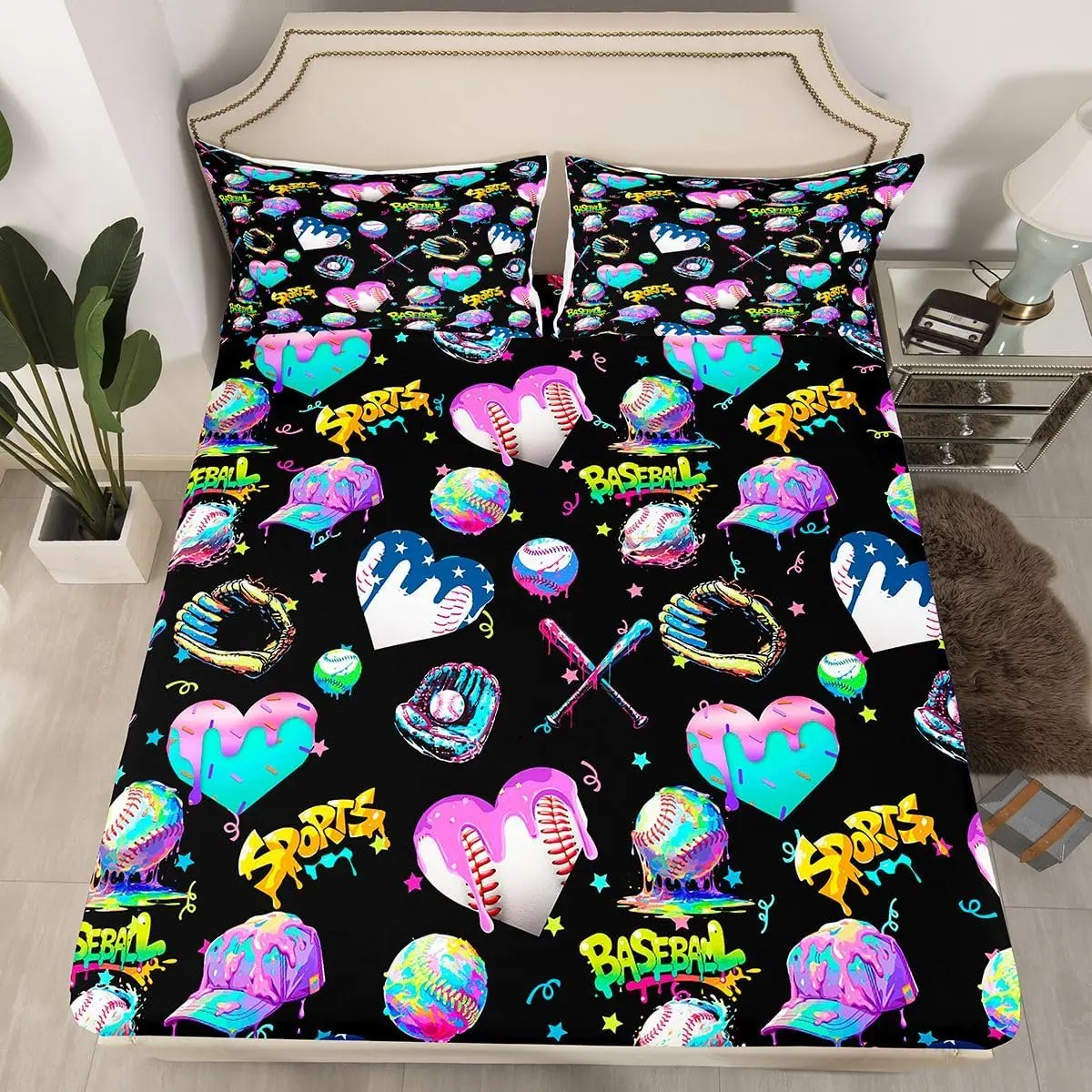 Baseball Ice Cream Fitted Sheet,Piece Baseball Sports Microfiber Dessert Bedding,Black Pink Blue Machine Washable Bed Sheets Set 16" Deep Pocket