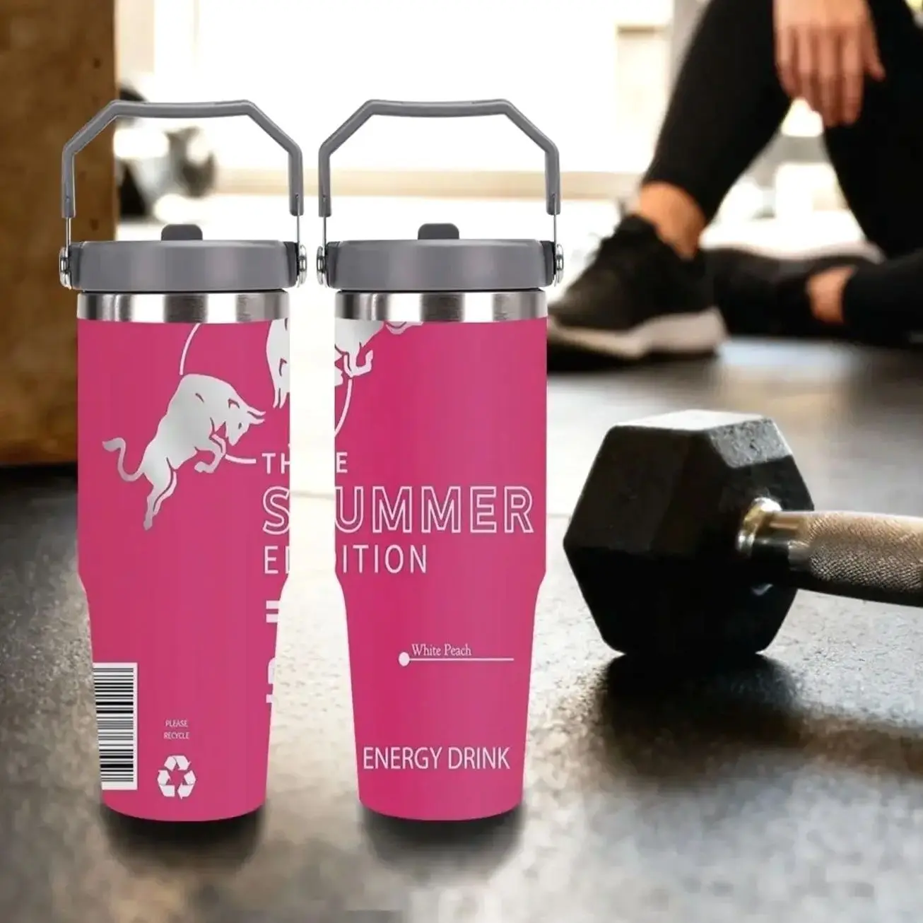 1pc 30oz Red Bull Stainless Steel Tumbler with Straw and Handle, Insulated, Long-Lasting Ice/Heat Retention, Trendy Design for Outdoor Activities, Detachable