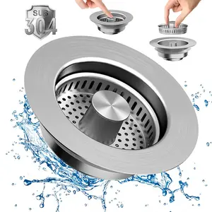 2/1 Counts Stainless Steel Kitchen Sink Filter 3-in-1 - Pop-up Plug, Anti-clogging, Food Waste Collector, Odor Filter, Easy-to-Clean Sink Filter