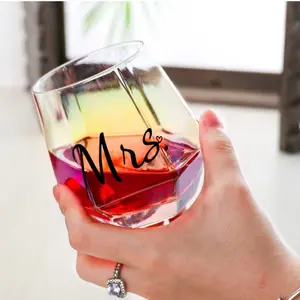 Ymyaye Mr and Mrs Wine Glasses Set of 2 Wedding gifts, Engagement Gift, Iridescent Diamond Shaped Wine Glasses for Couples Gifts, Unique Colorful Stemless Wine Glasses for His and Hers (Mr. and Mrs.) Wedding Wedding Drinkware